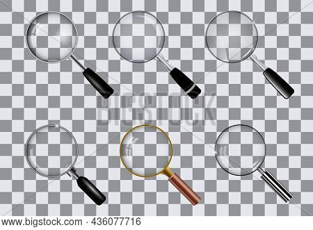 Realistic Magnifying Glass Set Isolated On Gray Checkered Background, Golden, Silver And Simple Magn