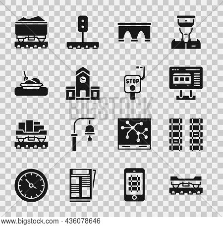 Set Cargo Train Wagon, Railway, Railroad Track, Ticket Office To Buy Tickets, Bridge For, Station, P