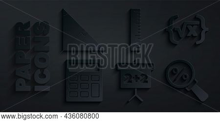 Set Chalkboard, Square Root Of X Glyph, Calculator, Magnifying Glass With Percent, Ruler And Angle B