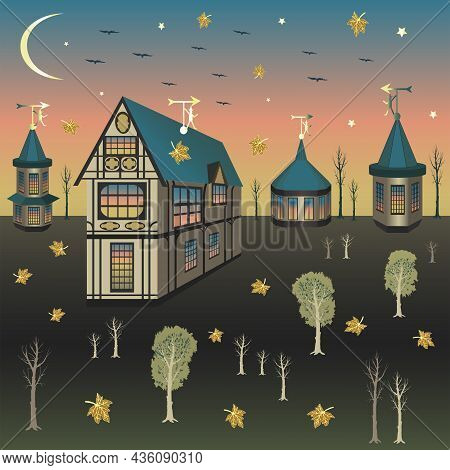 House In The German Style With A Bay Window Against The Backdrop Of Falling Leaves At Sunset. Perspe