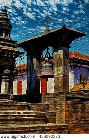Bronze Bell On The Top Of Stone Staircase In A Hindu Temple Of Bhaktapur. An Ancient Village In The 