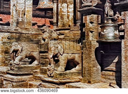 Sculptures Representing Mythological Creatures And Bell, In A Temple Of Bhaktapur. An Ancient Villag