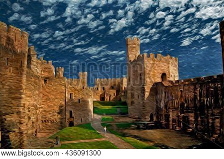 View Of Internal Courtyard Surrounded By Stone Walls And Towers At The Caernarfon Castle. A Huge Med