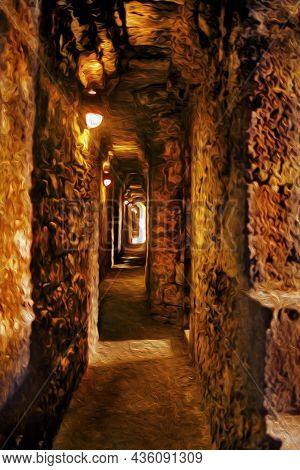Narrow Passageway Made Of Stone Within The Wide Walls Of Beaumaris Castle. A Well Preserved Medieval