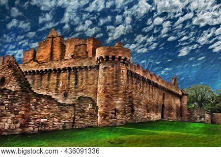 Front Facade With Stone Walls And Towers At The Craigmillar Castle. Near Edimbourg, The Capital Of S