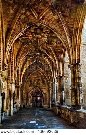 Passageway With Columns And Ceiling In Gothic Style On A Building Of Leon. An Ancient Town On Countr