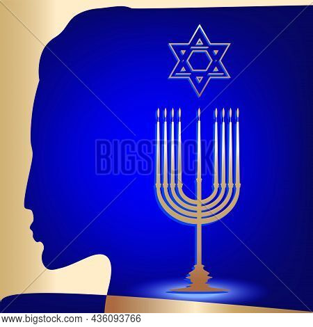 Minora, Star Of David, Female Image - Gold On A Blue Background - Vector. Traditional Religious Nati
