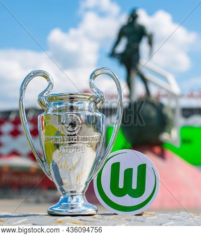 June 14, 2021 Wolfsburg, Germany. The Emblem Of The Football Club Vfl Wolfsburg And The Uefa Champio