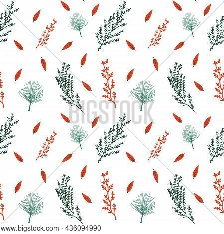 Plant Seamless Vector Pattern In Christmas Boho Colors With Pine And Twigs. Surface Design For Web A