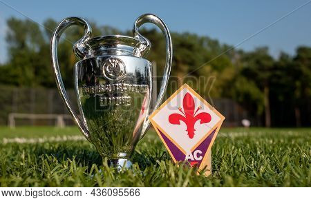 August 30, 2021, Florence, Italy. The Emblem Of The Acf Fiorentina Football Club And The Uefa Champi