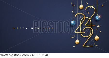 Happy New 2022 Year. Golden Numbers 2022 With Balls And Confetti On Blue Background. New Year Greeti