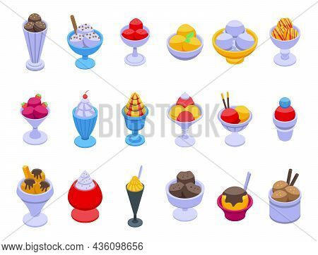 Gelato Bowl Icons Set Isometric Vector. Ice Cream. Conce Cup