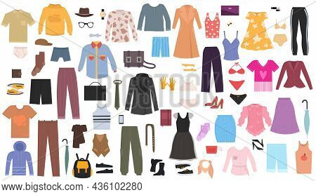 Clothes And Accessories. Collection Of Stickers With Men And Women Outfits. Icons With Dresses, Shir