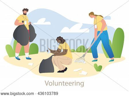 Beach Cleaning Concept. Young Volunteers Pick Up Garbage And Throw It Into Bag. Taking Care Of Envir