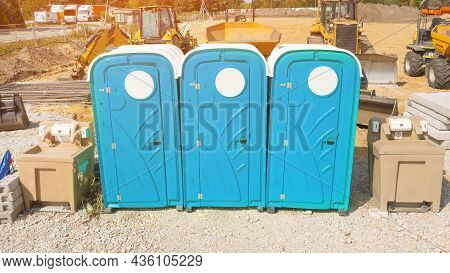 Plastic Bio Toilets On The Construction Site, Portable Toilets