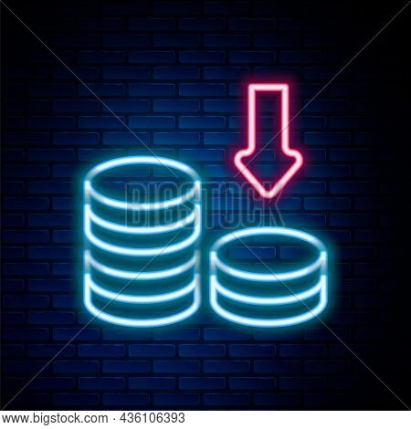 Glowing Neon Line Dollar Rate Decrease Icon Isolated On Brick Wall Background. Cost Reduction. Money