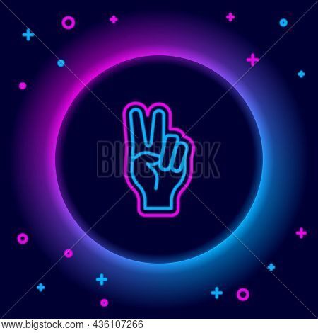 Glowing Neon Line Hand Showing Two Finger Icon Isolated On Black Background. Hand Gesture V Sign For