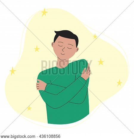 Man Hugging Himself With Hearts On Background. Love Yourself Concept. Take Time For Your Self. Vecto