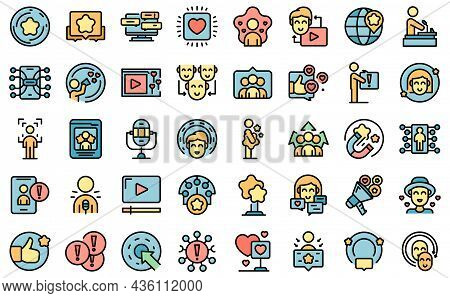 Influencer Icons Set Outline Vector. Video Subscribe. View Content