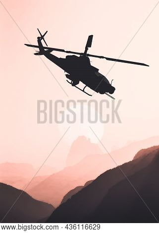 American Attack Helicopter Silhouette In The Flight