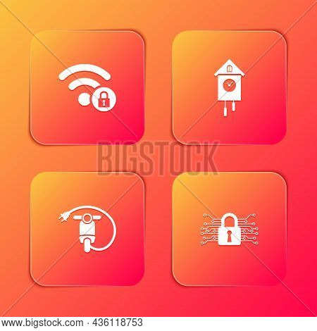 Set Wifi Locked, Retro Wall Watch, Electric Scooter And Cyber Security Icon. Vector