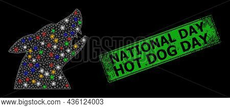 Shiny Mesh Net Dog Head With Colored Glowing Spots, And Grunge National Day Hot Dog Day Seal Stamp. 