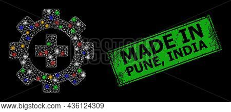 Glowing Mesh Net Medical Industry With Colorful Lightspots, And Grunge Made In Pune, India Seal Stam