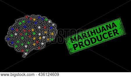Bright Mesh Network Brain Organ With Colorful Bright Dots, And Grunge Marihuana Producer Seal. Green