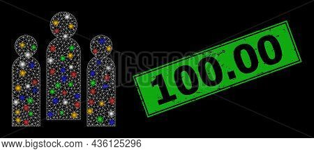 Glowing Mesh Net Crowd With Vibrant Flash Nodes, And Grunge 100.00 Seal. Green Seal Includes 100.00 