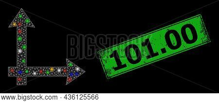Glowing Mesh Web Coordinate System With Colored Light Dots, And Grunge 101.00 Stamp. Green Stamp Sea