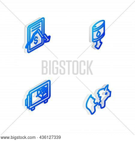 Set Isometric Line Drop In Crude Oil Price, Mobile Stock Trading, Safe And Broken Piggy Bank Icon. V