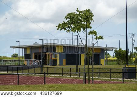 Mackay, Queensland, Australia - October 2021: Office Of Local Athletics Club Beside The Track, A Col