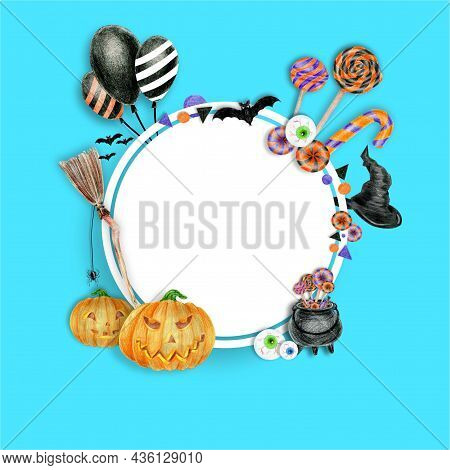 Halloween Day Layout Design Template. Paper Art. Season Offer With Circle Banner And Copy Space. Bal