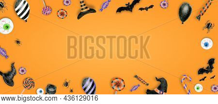 Halloween Background . Trick Or Treat Concept. Halloween Pumpkins On Background. Party With Copy Spa