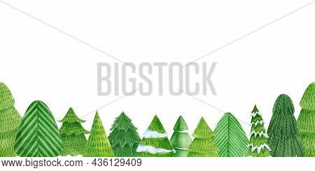 Cute Christmas Trees. Holiday Wallpaper. Horizontal Seamless Border Pattern New Year Greeting Card T