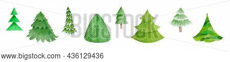 Set Of Different Christmas Tree Set, Illustration. Hand Drawn Pines. Can Be Used For Greeting Card, 