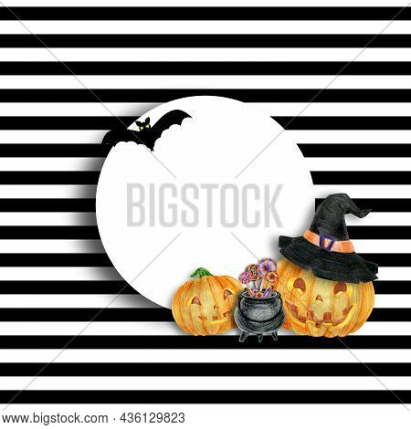 Halloween Background . Trick Or Treat Concept. Halloween Pumpkins On Moon Background With Copy Space