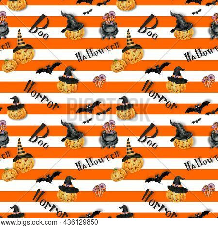 Seamless Halloween Pattern With A Bat, Pumpkins And A Witchs Cauldron On The Stripes . For Printing 