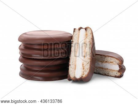 Delicious Choco Pies On White Background. Classic Snack Cakes