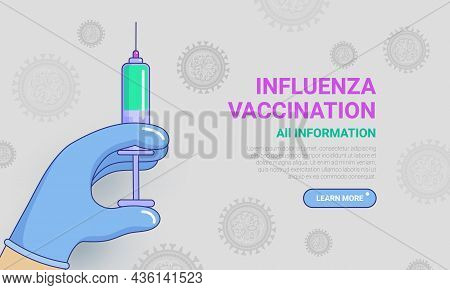 Influenza Vaccination, Injection Of Flu Vaccine Landing Page. Hand Press Syringe Ready To Inject Sho