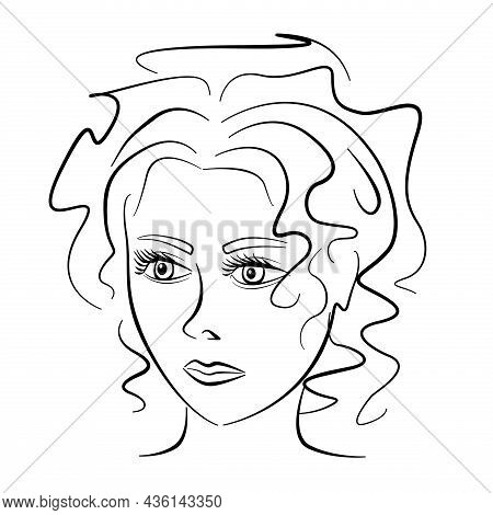 Beautiful Monochrome Womans Face With Open Eyes And Curly Hair.. Line Art Fashion Illustration On Wh