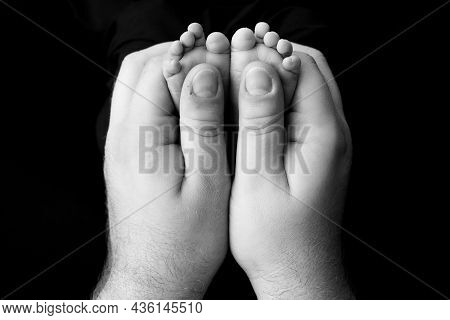 Black And White Photo Of Tiny Newborn Feet Hold In Fathers Hands On The Black Background. Front Wiev