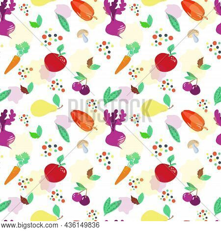 Seamless Pattern On A White Background. World Food Day. October 16. Vegetables And Fruits, Mushrooms