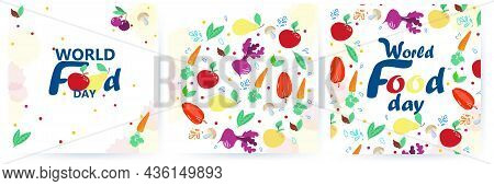 World Food Day Illustration. October 16. Vegetables And Fruits, Mushrooms, Herbs And Spices. Set Of 