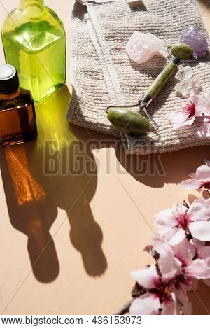 Gua Sha, Face Massage Jade Roller Made Of Natural Stone And Natural Homemade Cosmetics Spa Set