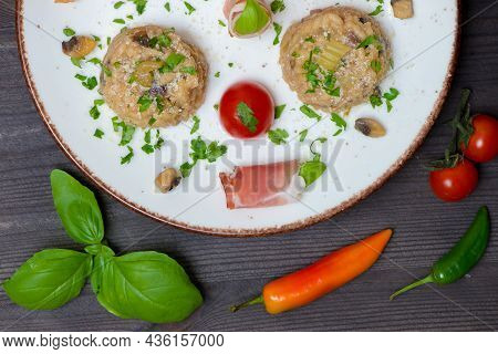 Rizotto Cherry Tomoatoes Jamon Chilly White Plate