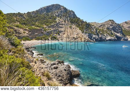 Turquoise Waters In Mallorca. Coll Baix Beach. Mediterranean Coastline. Spain
