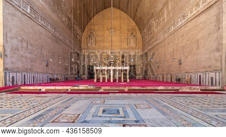 Cairo, Egypt- September 25 2021: Courtyard And Monumental Main Iwan Of Mamluk Era Historical Public 