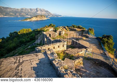 Ruins Of Medieval Fortress Tvrdava Mogren At The Shore Of Adriatic Sea, Montenegro.