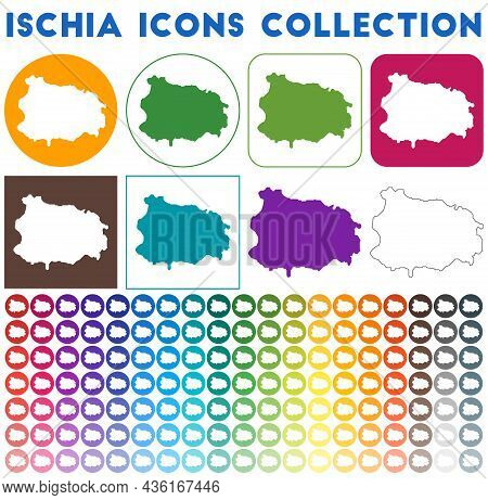 Ischia Icons Collection. Bright Colourful Trendy Map Icons. Modern Ischia Badge With Island Map. Vec